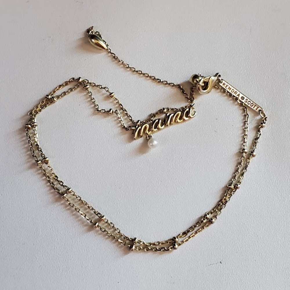 Kendra Scott Mama Script Pendant Necklace Gold Tone with Pearl Accent Dainty